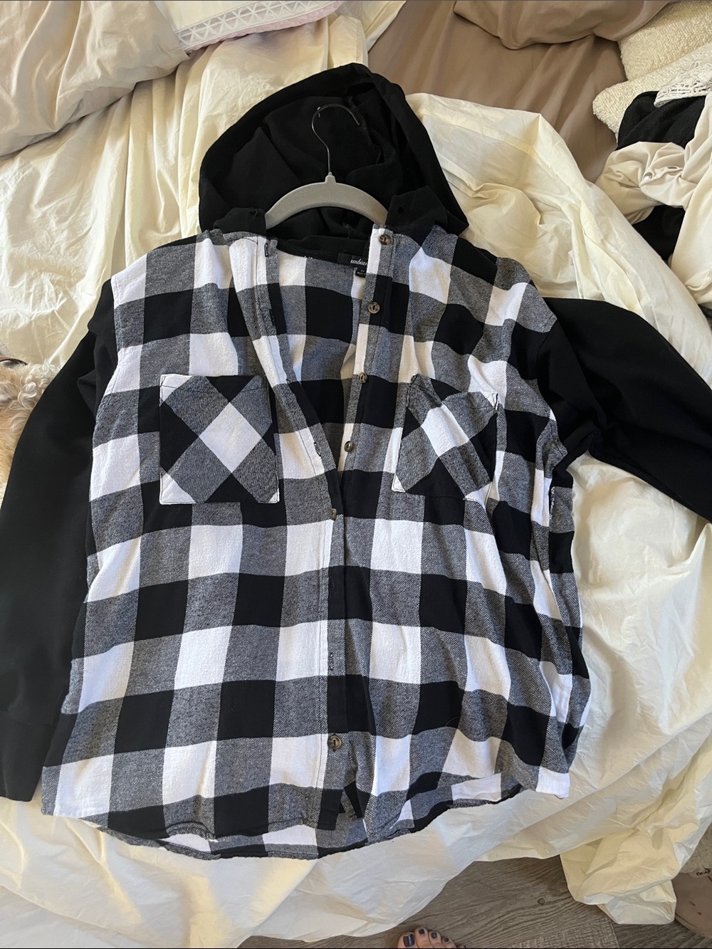 Ambiance Black and White Check Hooded Button-Up Shirt